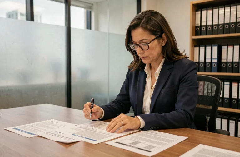 Agent immobilière analysant des documents d'estimation de la valeur d'un bien immobilier dans un bureau moderne