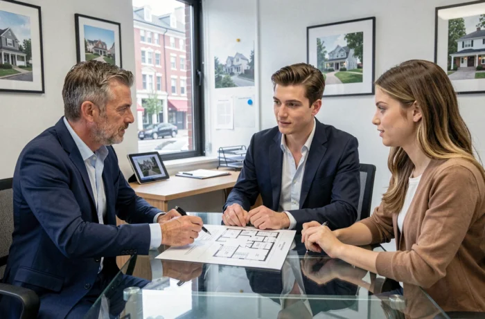 Agent immobilier présentant un plan d'appartement à un jeune couple dans une agence moderne