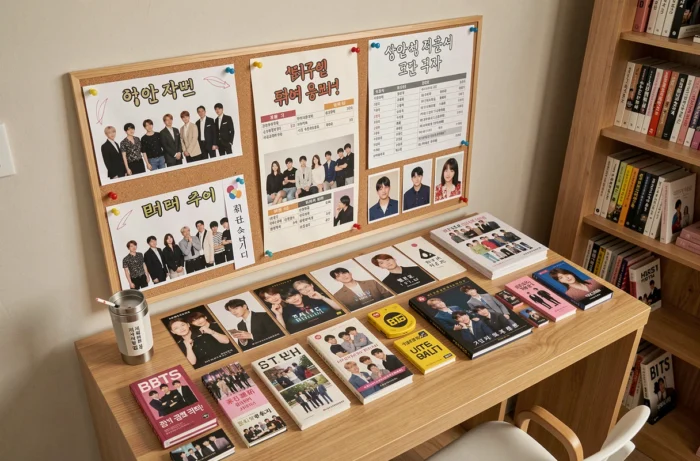 Mémorabilias et chronologie des âges des membres de BTS sur un bureau de fan organisé