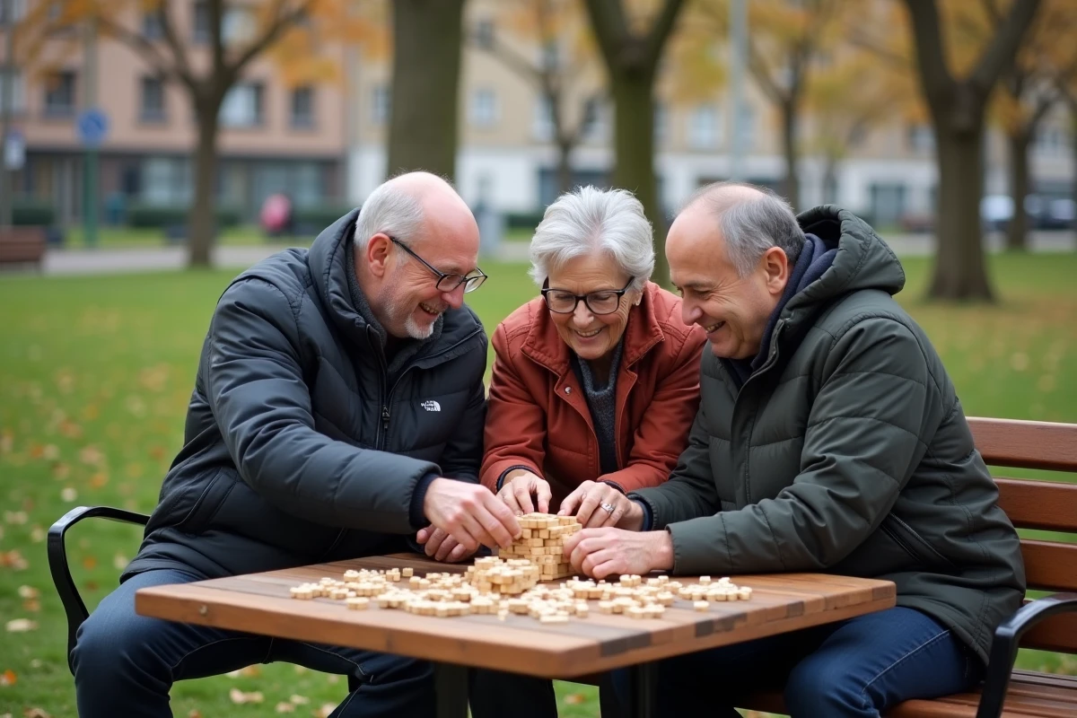Trois amis discutant autour d’un puzzle en plein air dans un parc