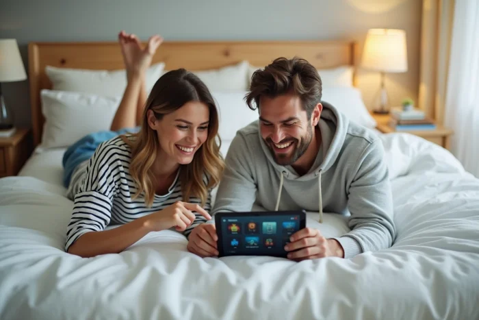 Deux amis choisissant un film à regarder en streaming gratuit sur une tablette dans une chambre confortable