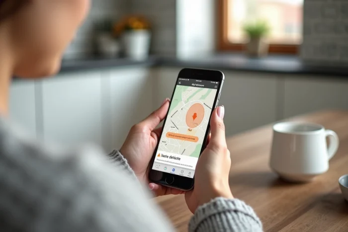 Femme consultant l'application mobile My Verisure sur smartphone avec alertes en temps réel affichées à l'écran