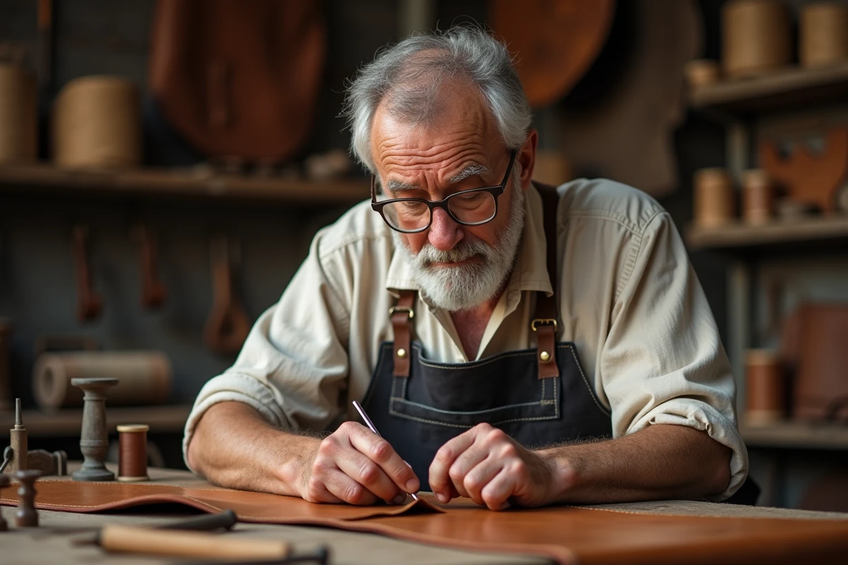 Artisan expérimenté cousant du cuir dans son atelier