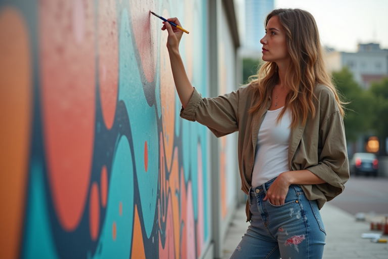 Jeune femme artiste peignant un mural coloré en extérieur