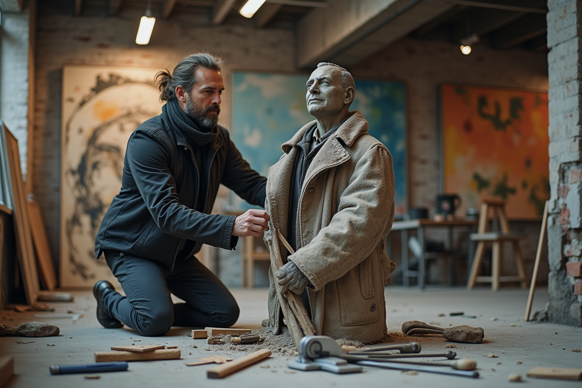 Artiste homme créant une sculpture avec matériaux recyclés en intérieur