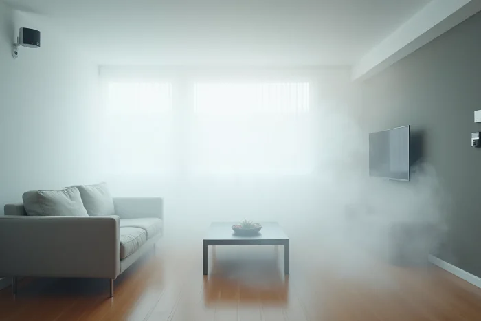 Brouillard anti-cambriolage Verisure activé dans un salon moderne créant un écran opaque pour dissuader les intrus