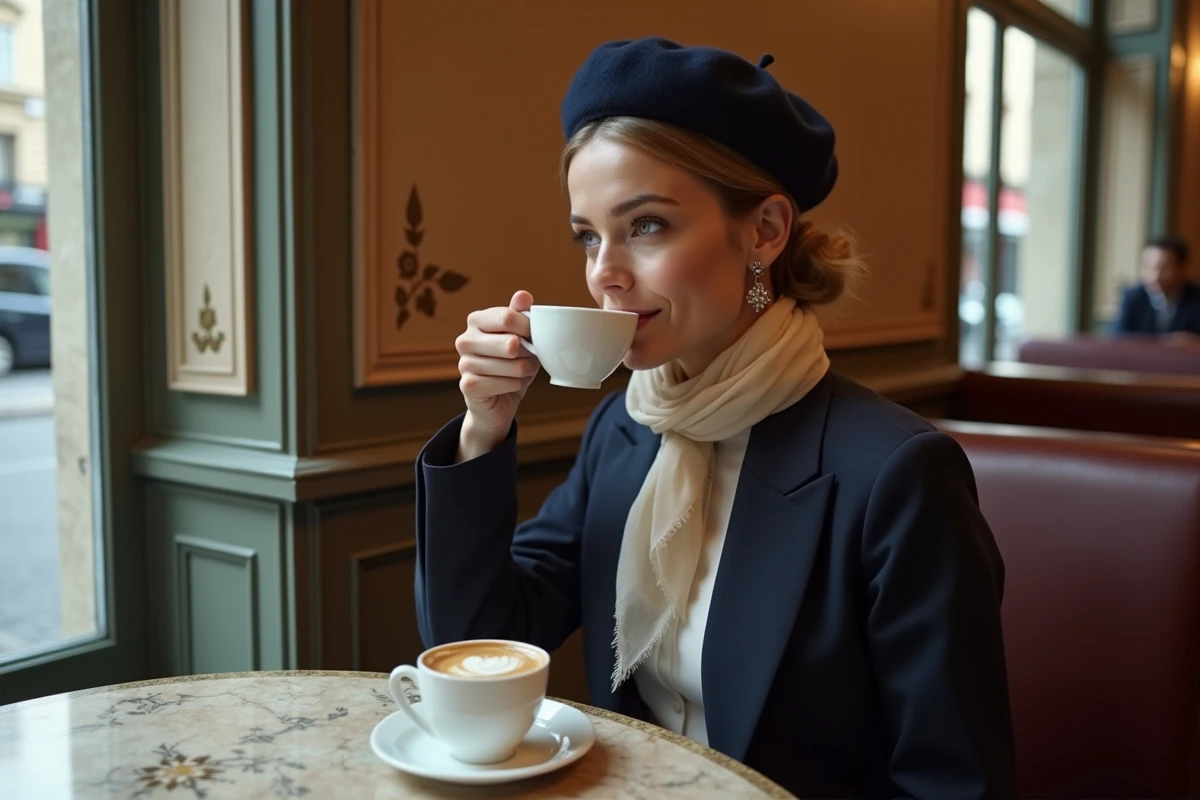 Femme au café parisien en beret et chiffon