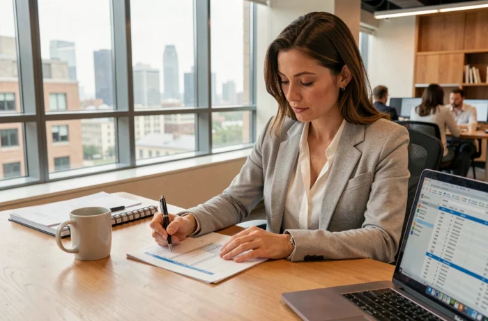 Femme au bureau calculant ses heures de travail sur une feuille de présence avec un stylo et un ordinateur portable