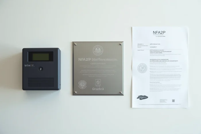 Centrale d'alarme certifiée NFA2P Grade 3 avec plaque de certification et document de conformité posés sur une table blanche