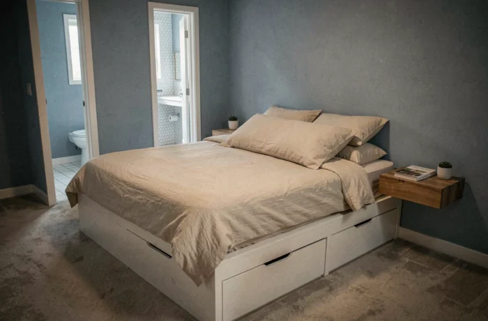 Chambre cosy et bien rangée dans une petite maison avec lit plateforme, rangements intégrés et ambiance apaisante en bleu poudré