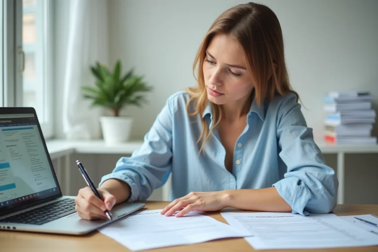 Femme remplissant un formulaire administratif de changement d'adresse à son bureau à domicile