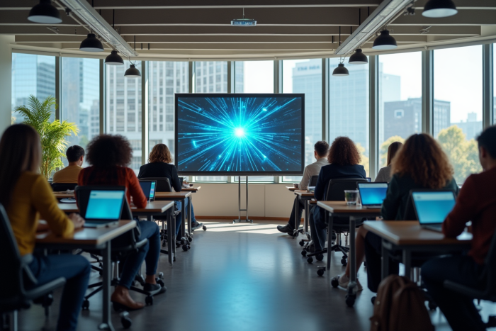 Salle de classe moderne avec étudiants utilisant tablettes et ordinateur