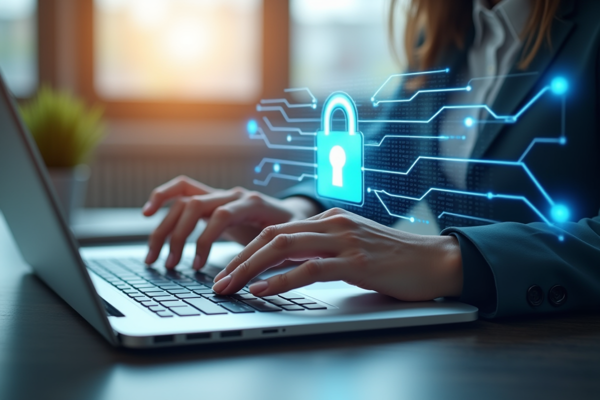 Main d une femme tapant sur un clavier avec un hologramme de cadenas