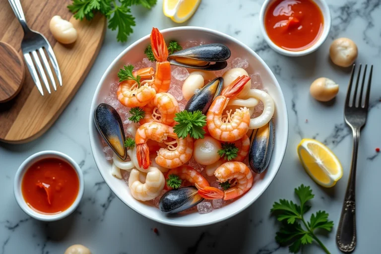 Vue aérienne d'un cocktail de fruits de mer surgelés dans un bol blanc sur un comptoir en marbre gris, entouré de citrons, sauce cocktail et persil frais