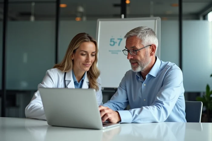 Deux professionnels de santé collaborant sur une plateforme numérique dédiée dans un espace de travail médical moderne