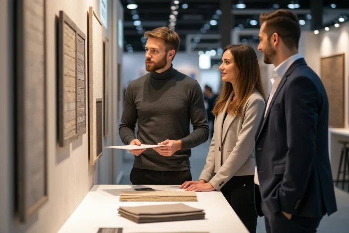 Consultant en design intérieur présentant des échantillons de matériaux à des visiteurs au salon de l'habitat