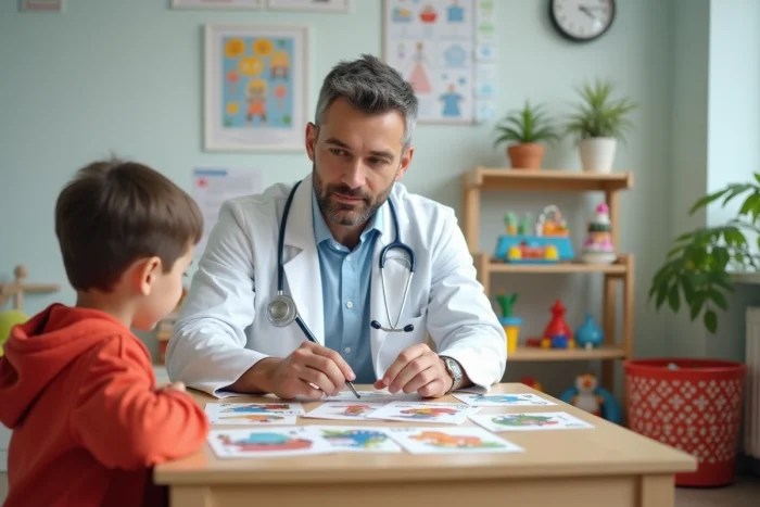 Pédiatre consultant un jeune enfant de 5 ans avec des cartes illustrées pour détecter le syndrome de Spirit
