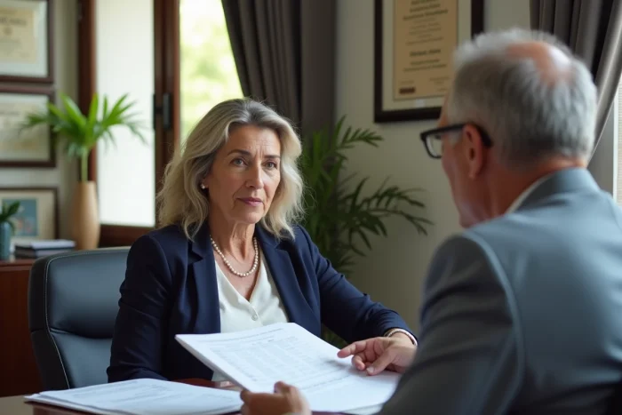 Famille consultant les tarifs et prix d'une maison de retraite au Maroc avec un administrateur dans un bureau professionnel