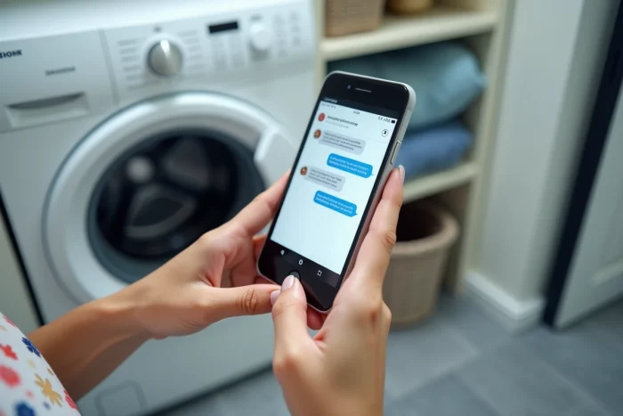 Mains tenant un smartphone pour contacter le service client Valberg afin de retrouver une notice perdue