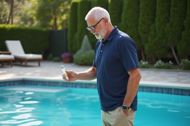 Homme vérifiant la qualité de l'eau de la piscine familiale