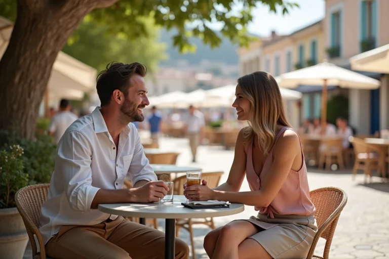 Jeune couple souriant au café à Toulon en été