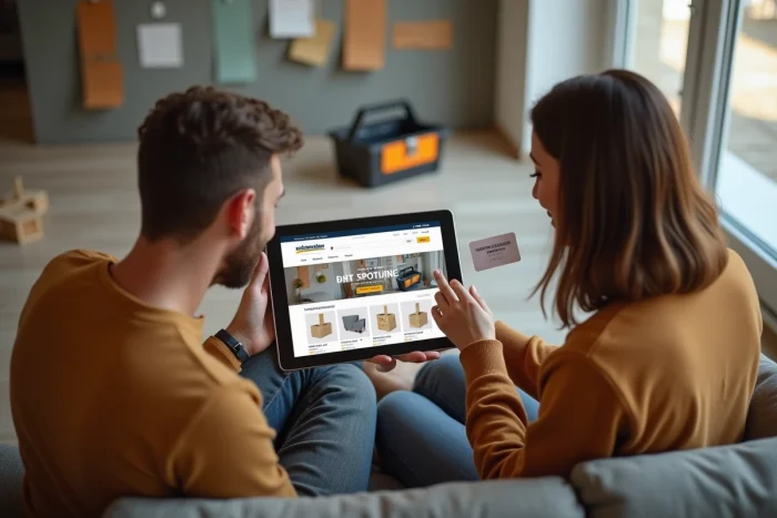 Couple utilisant une carte cadeau Illicado sur tablette pour commander des produits Leroy Merlin en ligne dans un salon en rénovation