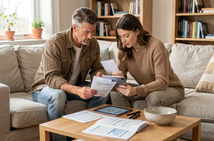 Couple planifiant ensemble leur budget familial avec des documents financiers et une tablette dans leur salon