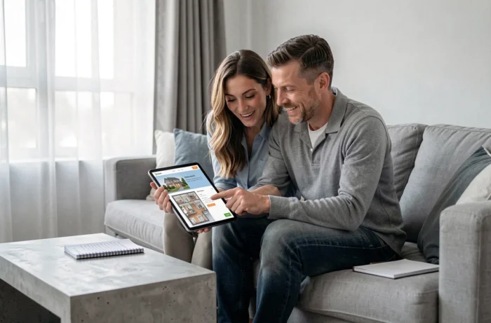 Couple recherchant un bien immobilier ensemble sur une tablette dans leur salon contemporain