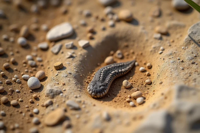 Crottes de serpent sur une roche plate en grès, montrant la partie blanche d'acide urique et le segment foncé, vue de dessus en macro