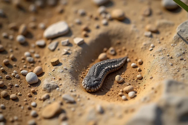 Crottes de serpent sur une roche plate en grès, montrant la partie blanche d'acide urique et le segment foncé, vue de dessus en macro
