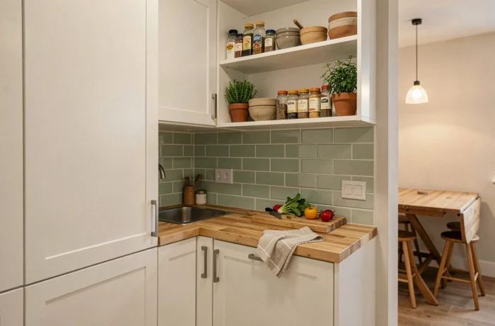 Petite cuisine fonctionnelle avec rangements optimisés, étagères ouvertes et plan de travail en bois dans un petit espace