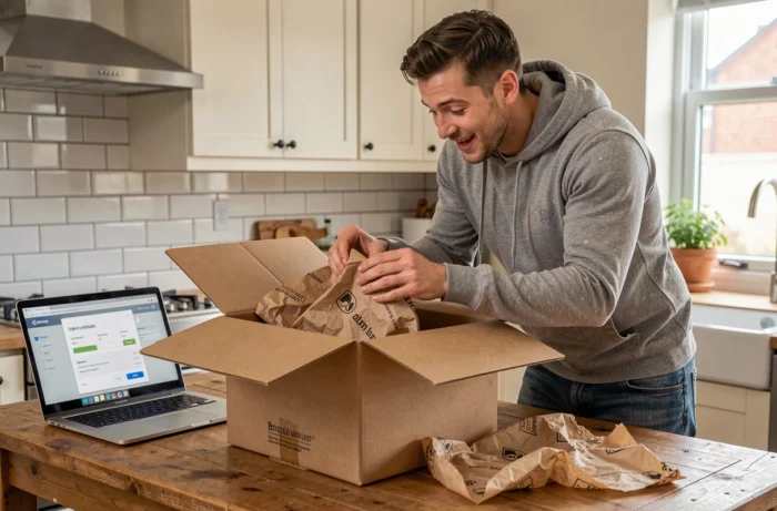 Homme déballant un colis de livraison e-commerce dans une cuisine contemporaine avec ordinateur portable en arrière-plan
