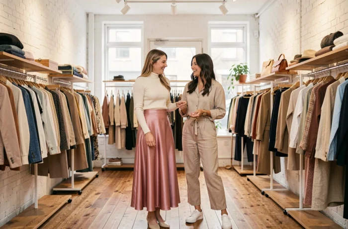 Deux jeunes femmes riant dans une boutique de mode tendance, portant jupe satin rose et ensemble lin beige, shopping saison