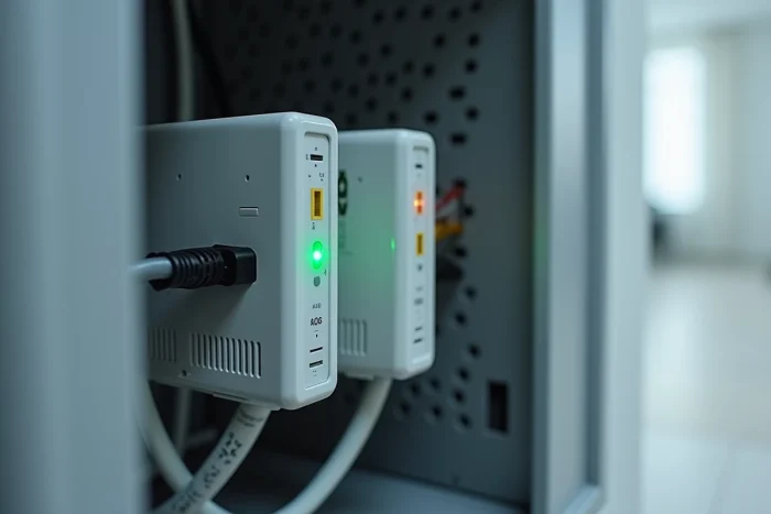 Double voie de transmission GSM et IP avec modem 4G et routeur installés dans un coffret technique résidentiel