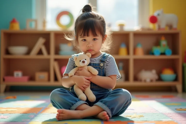 Petite fille de 5 ans isolée dans une salle de classe tenant un doudou, illustrant les signes du syndrome de Spirit chez l'enfant