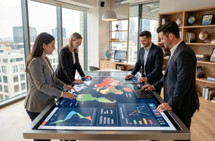 Équipe de professionnels du voyage analysant les tendances et actualités du secteur sur une carte interactive