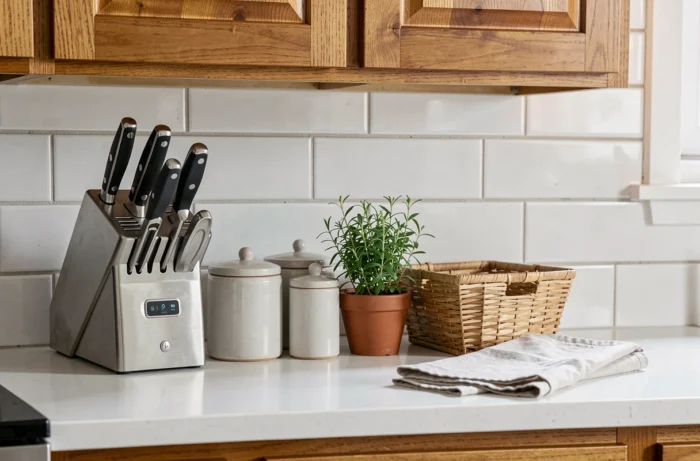 Arrangement d'équipements essentiels de cuisine sur un comptoir en bois avec carrelage blanc et accessoires décoratifs