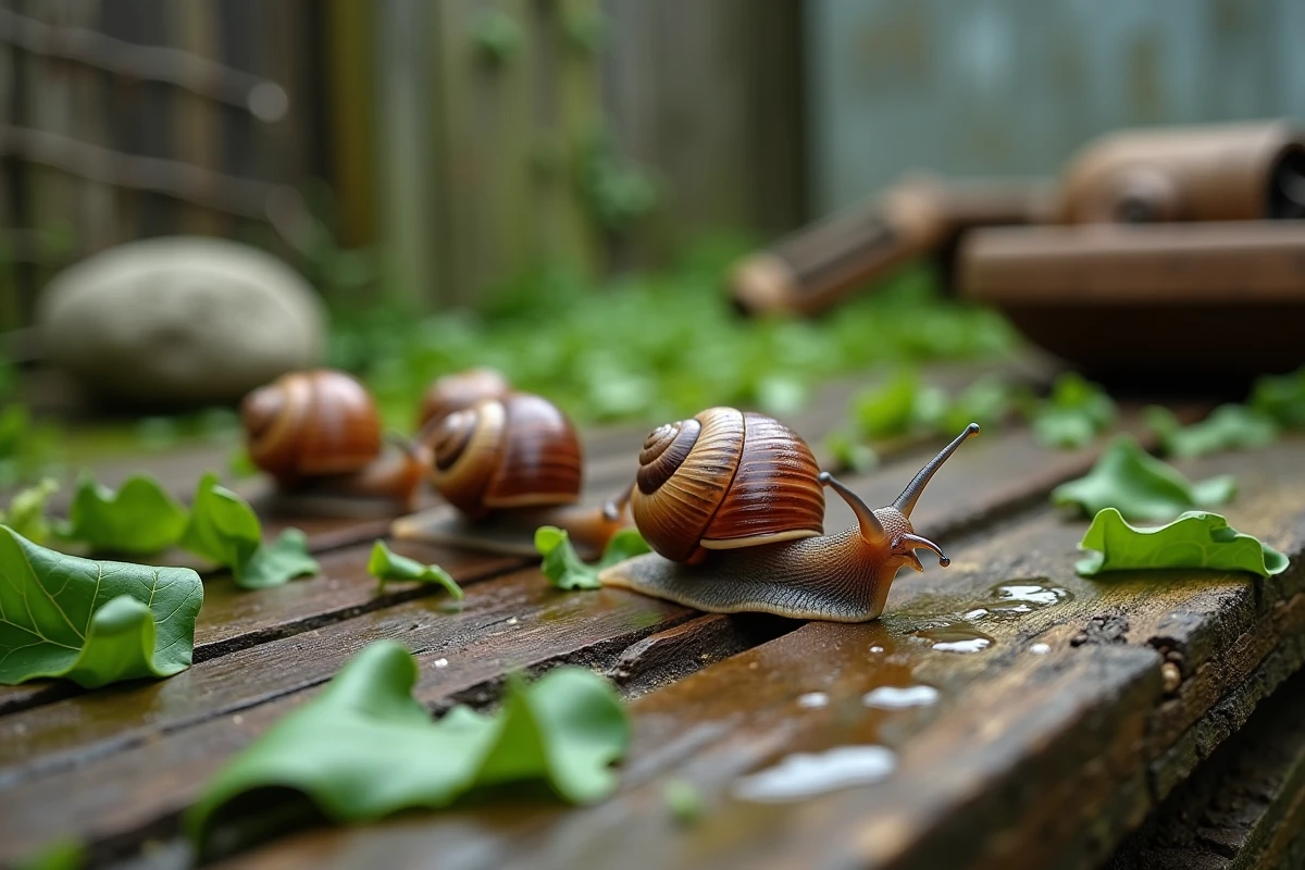 Gros plan sur des escargots sur des feuilles dans une ferme extérieure