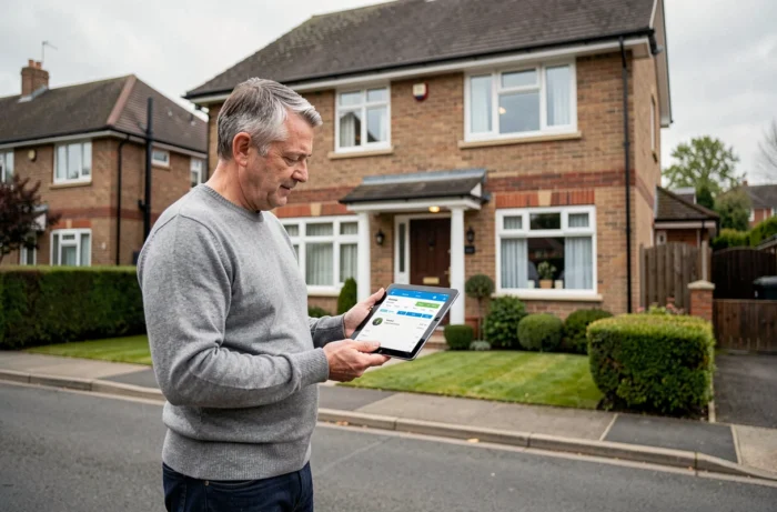 Homme utilisant une application mobile pour estimer la valeur d'une maison résidentielle en banlieue