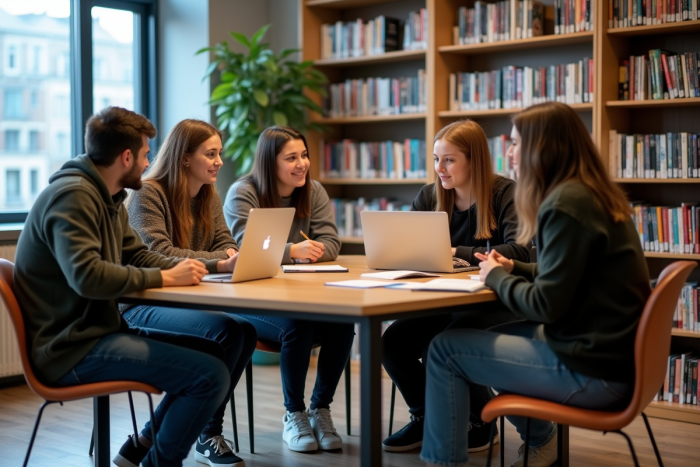 Groupe d'étudiants en bibliothèque universitaire en train de travailler ensemble
