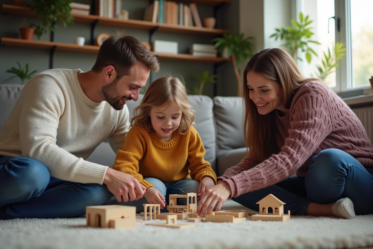 Famille à la maison assemble LSU Arena sur tapis