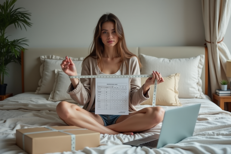 Jeune femme compare des vêtements avec un mètre ruban