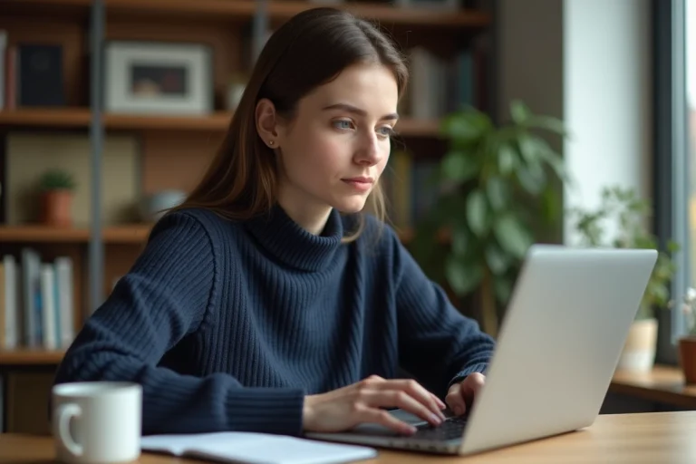 Jeune femme consultant les dernières actualités sur un ordinateur portable dans un bureau moderne