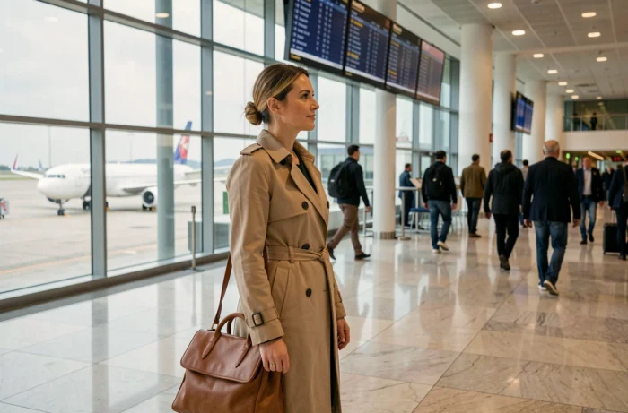Femme élégante dans un aéroport international consultant le tableau des départs, tendances voyage Hôte Antic Travel