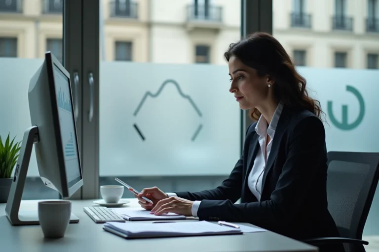 Femme d affaires en costume examine des documents financiers
