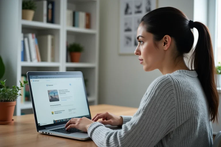 Femme utilisant Firefox avec une extension antivirus sur un ordinateur portable dans un bureau à domicile moderne