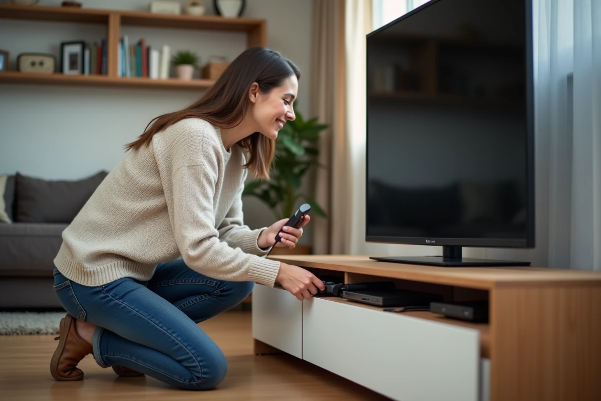 Femme branchant un appareil de streaming devant la TV moderne