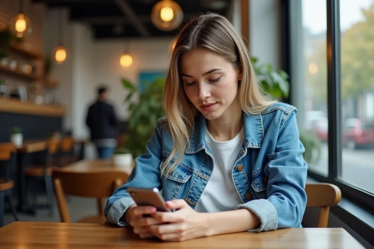 Femme assise au café utilisant son smartphone
