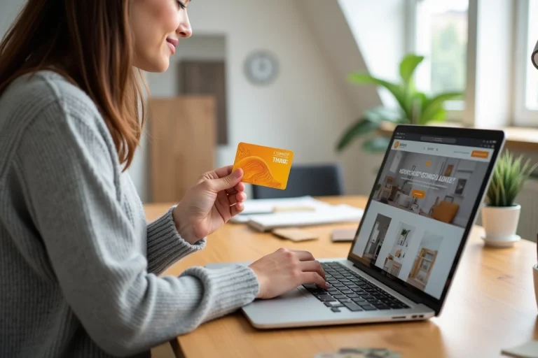 Femme utilisant une carte cadeau Illicado pour un achat en ligne sur le site Leroy Merlin depuis son bureau à domicile