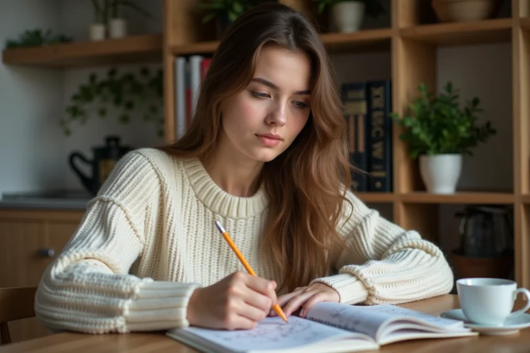 Jeune femme concentrée en résolvant un puzzle dans la cuisine